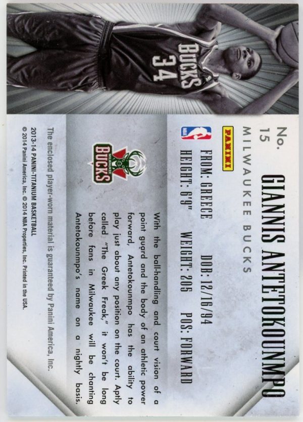 Giannis Antetokounmpo 2013-14 Panini Titanium Rookie Jersey Card /325 #15