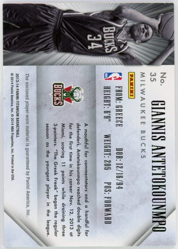Giannis Antetokounmpo 2013-14 Panini Titanium Rookie Jersey Card /325 #35