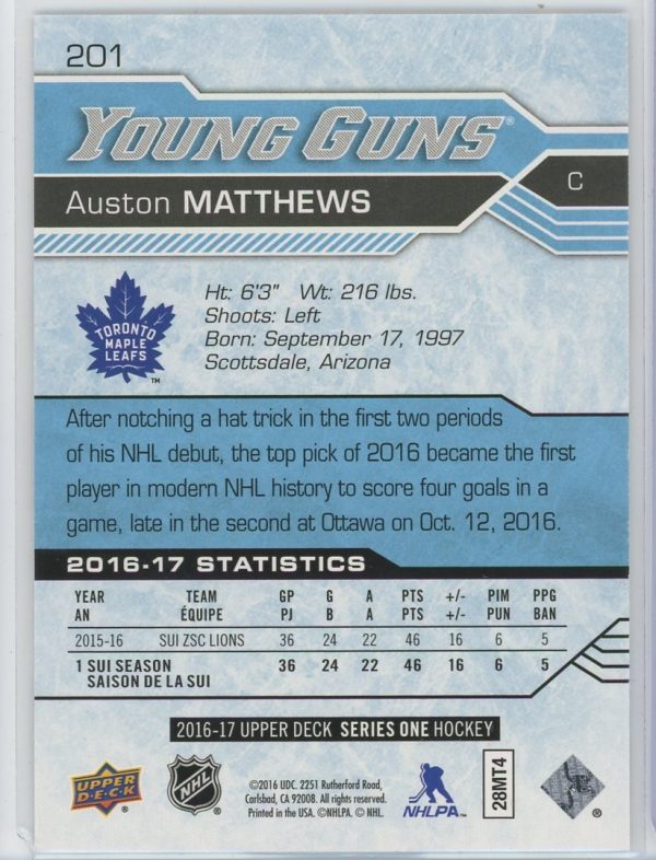 2016-17 Auston Matthews Maple Leafs UD Young Guns Rookie Card #201