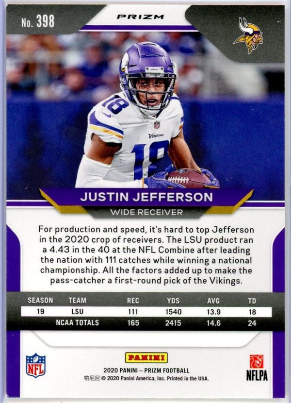 Justin Jefferson Vikings Panini Prizm 2020 Rookie Card #398