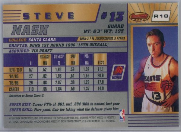 Steve Nash Suns Topps 1997-98 Bowmans Best Rookie Card#R18