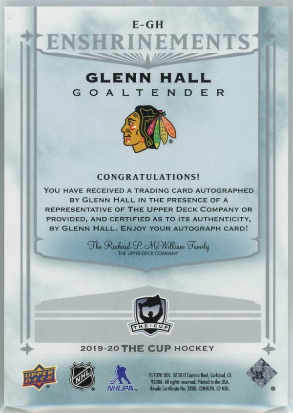 Glenn Hall Blackhawks 2019-20 The Cup Enshrinements Autograph /99 Card #E-GH
