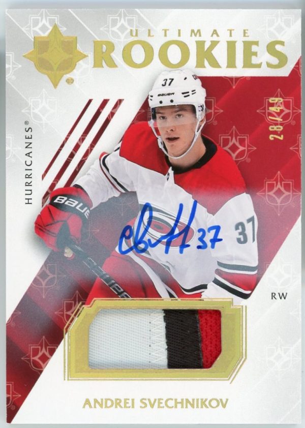 Andrei Svechnikov Hurricanes 2018-19 UD Ultimate Rookies 28/49 Auto 3-Colour Patch Card #90