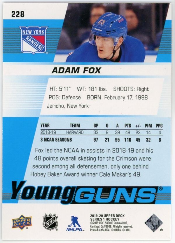 Adam Fox Rangers 2019-20 UD Young Guns Rookie Card #228