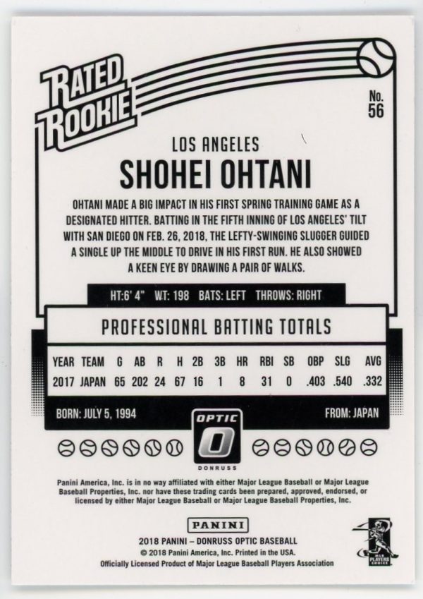 Shohei Ohtani 2018 Panini Donruss Optic Rated Rookie #56