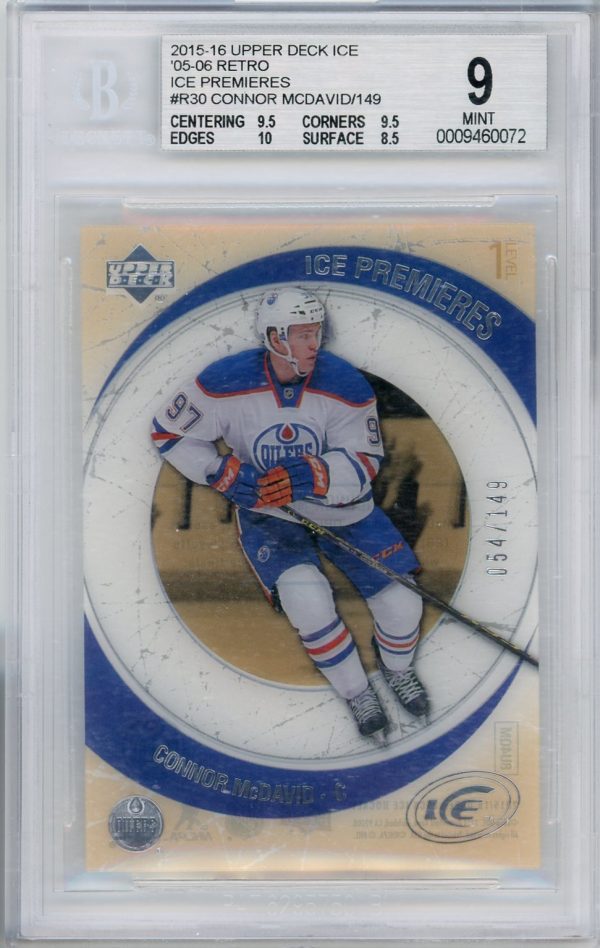 Connor McDavid Oilers 2015-16 UD Ice Premieres Retro Rookie Card #R-30 /149 BGS 9