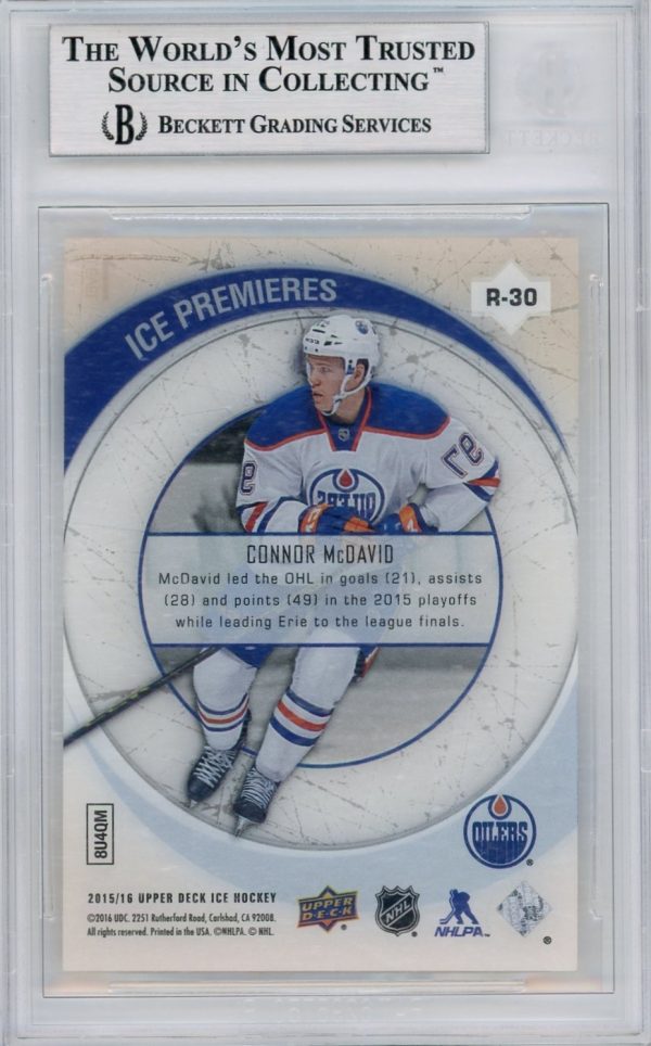 Connor McDavid Oilers 2015-16 UD Ice Premieres Retro Rookie Card #R-30 /149 BGS 9