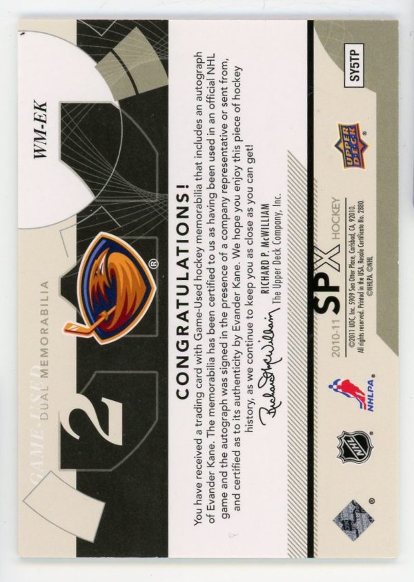 Evander Kane 2010-11 SPX Winning Materials Dual Patch Auto /15 WM-EK