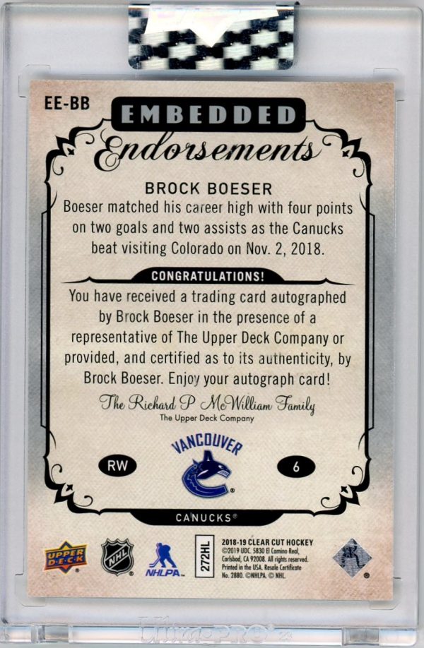 Brock Boeser Canucks UD 2018-19 Autographed Embedded Endorsements Card#EE-BB 09/99