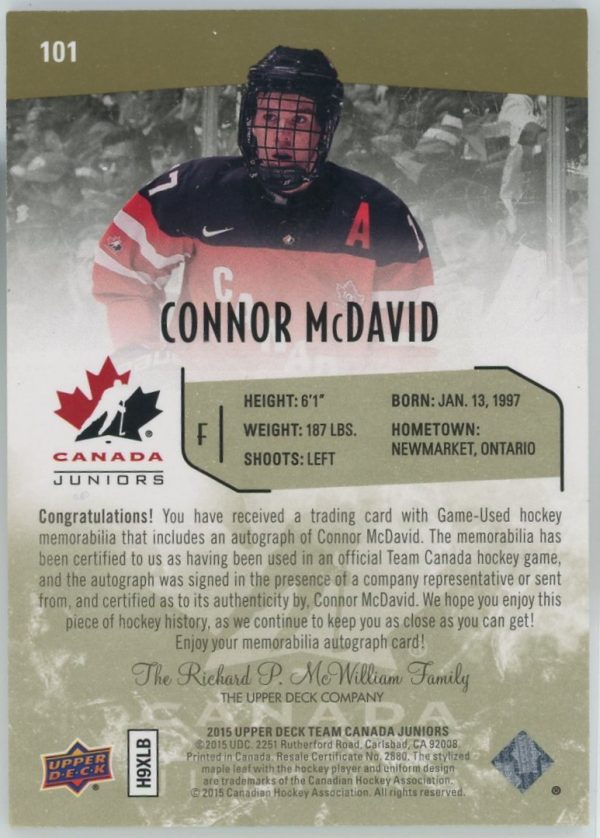 2015 Connor McDavid UD Team Canada 3 Color Patch Auto /125 Card #101