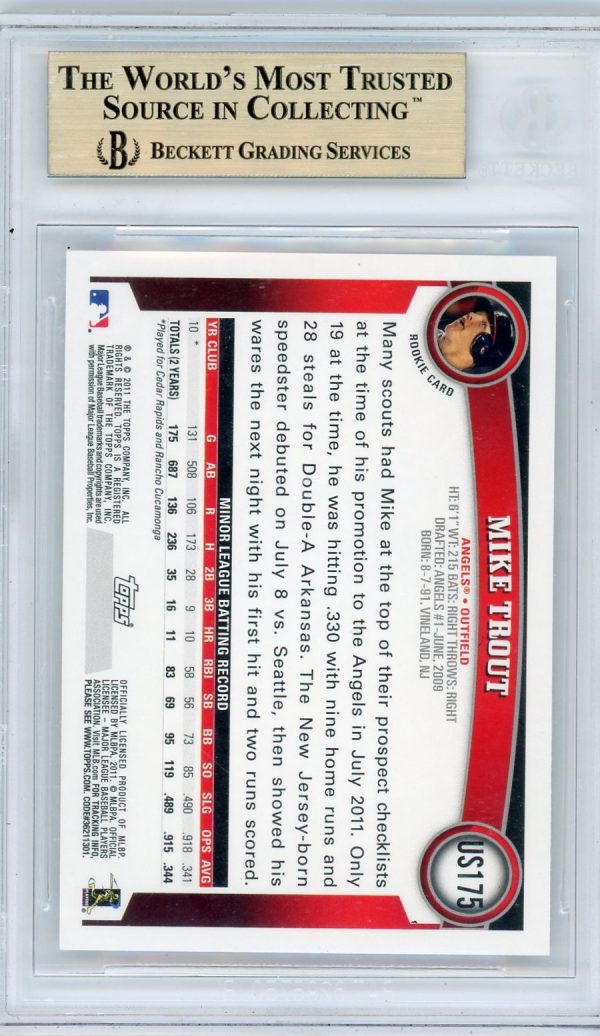 2011 Mike Trout Angels Topps Beckett 9.5 Rookie Card #US175