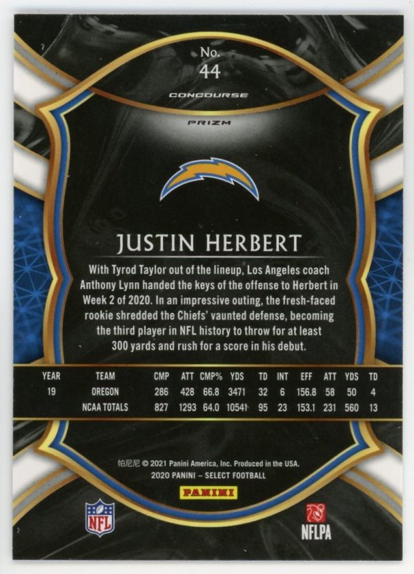 Justin Herbert Chargers 2020 Panini Select Silver Prizm Rookie Card #44