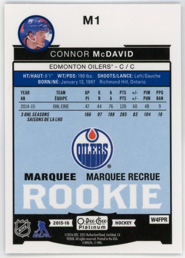 Connor Mcdavid 2015-16 O-Pee-Chee Platinum Marquee Rookie M1