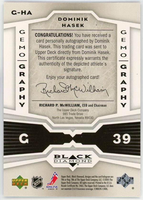 Dominik Hasek 2005-06 UD Black Diamond Gemography Auto #G-HA