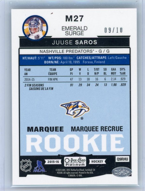 Juuse Saros Predators 2015-16 OPC Platinum Emerald Surge /10 Rookie Card #M27