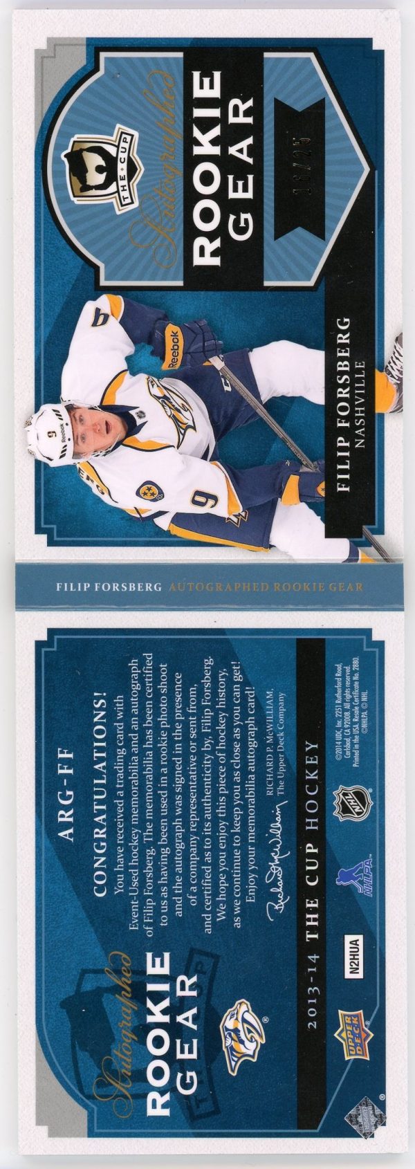 Filip Forsberg 2013-14 UD The Cup Autographed Rookie Gear Booklet /25 #ARG-FF