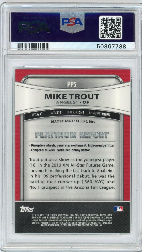 Mike Trout Angels 2010 Bowman Platinum Prospects Card #PP5 PSA 9