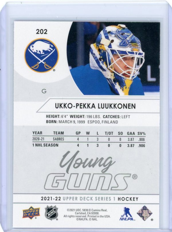 2021-22 Ukko-Pekka Luukkonen Sabres UD Young Guns Rookie Card #202