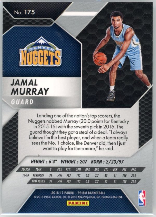 2016-17 Jamal Murray Nuggets Panini Prizm Rookie Card #175