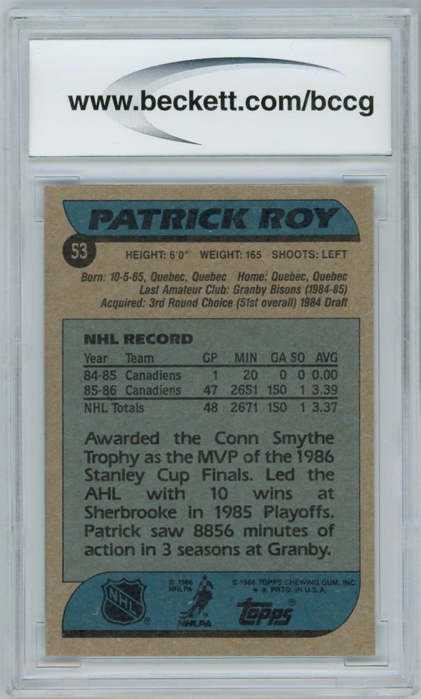 Patrick Roy Canadiens 1986-87 Topps Rookie Card #53 BCCG 10 MINT