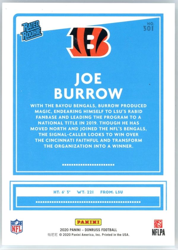 Joe Burrow Bengals 2020 Panini Donruss Silver Press Proof /100 Rated Rookie Card #301