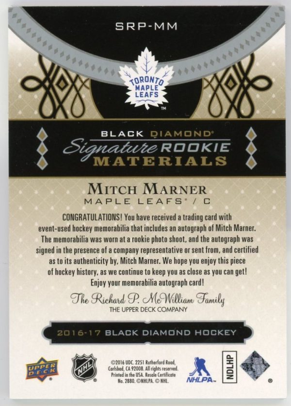 Mitch Marner 2016-17 UD Black Diamond Signature Rookies Materials RPA /25 #SRP-MM