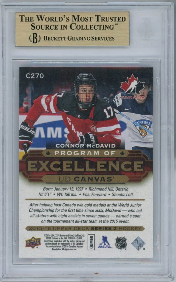 Connor McDavid Canada 2015-16 UD Canvas Program of Excellence Rookie Card #C270 BGS 9.5