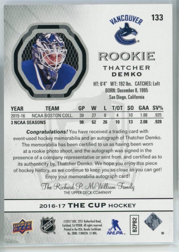 Thatcher Demko Canucks 2016-17 UD The Cup Rookie Auto Patch 108/249