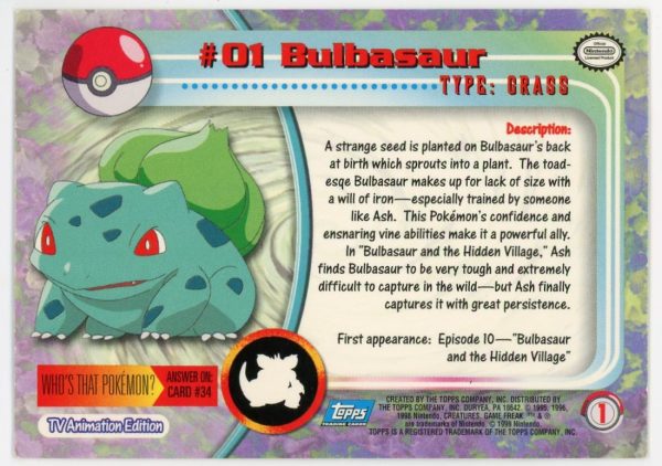 Pokemon Bulbasaur 1999 Topps Non-Holo Card #01