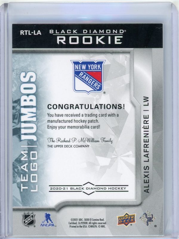 Alexis Lafreniere Rangers UD 2020-21 Black Diamond Rookie Card #RTL-LA