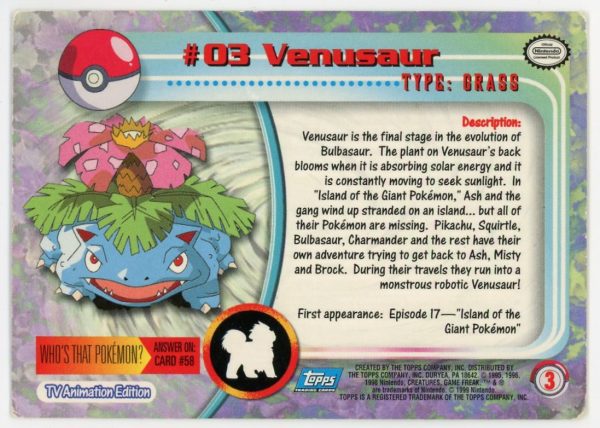 Pokemon Venusaur 1999 Topps Non-Holo Card #03