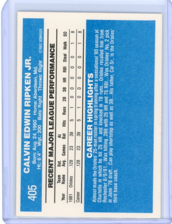 1982 Cal Ripken Jr. Orioles Donruss Rookie Card #405