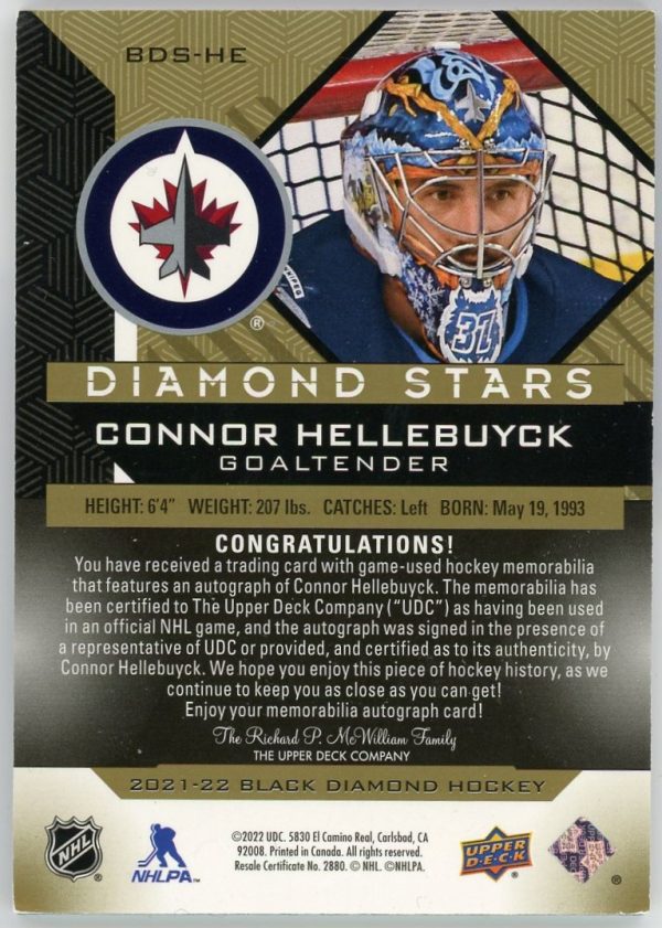 Connor Hellebuyck 2021-22 UD Black Diamond Diamond Stars Patch/Auto /25 #BDS-HE