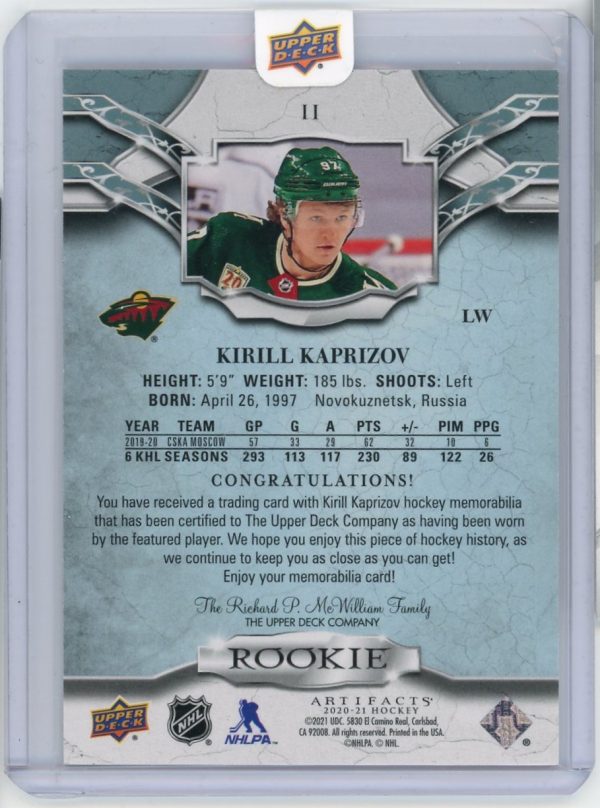 Kirill Kaprizov Wild 2020-21 UD Artifacts Gold Rookie Patch /399 Card #II