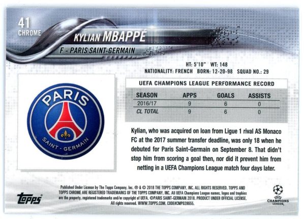 Kylian Mbappe Saint-Germain Topps Chrome 2017-18 Champions League Card #41