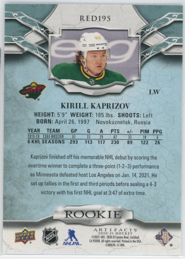 Kirill Kaprizov Wild 2020-21 UD Artifacts /999 Rookie Card #RED195