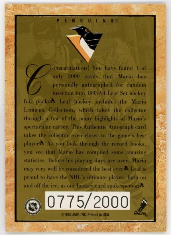 Mario Lemieux 1993-94 Leaf Autographed Insert Card /2000