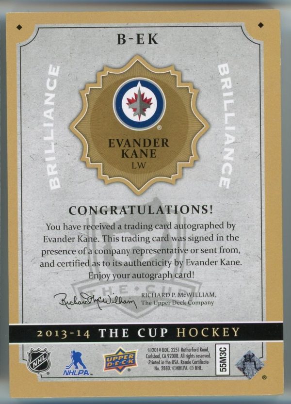 2013-14 Evander Kane Jets UD The Cup Brilliance Auto Card #B-EK