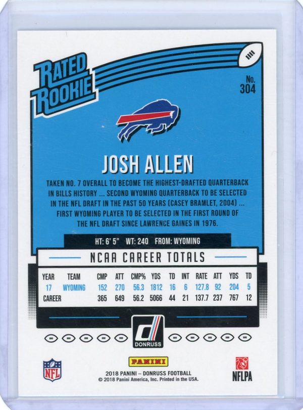 2018 Josh Allen Bills Panini Donruss Rated Rookie Card #304