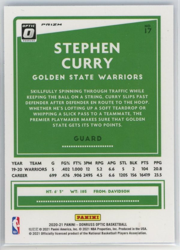 Stephen Curry Warriors 2020-21 Donruss Optic Blue Velocity Card #17