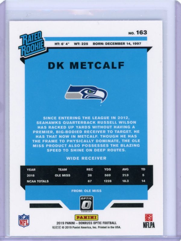 2019 DK Metcalf Seahawks Panini Donruss Optic Rated Rookie Card #163