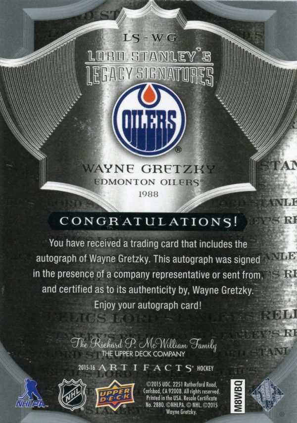 Wayne Gretzky Oilers UD 2015-16 Artifacts Autographed Card #LS-WG