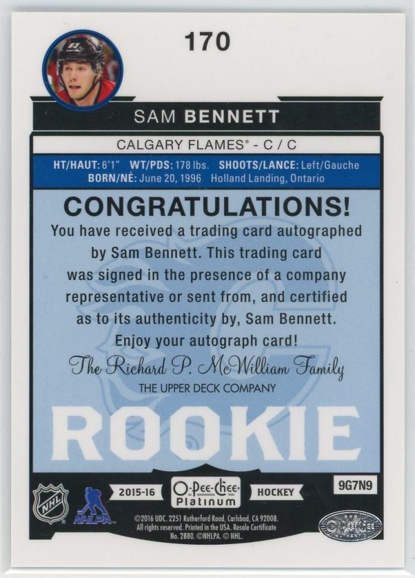 Sam Bennett Flames 2015-16 OPC Platinum Rookie Auto Card #170