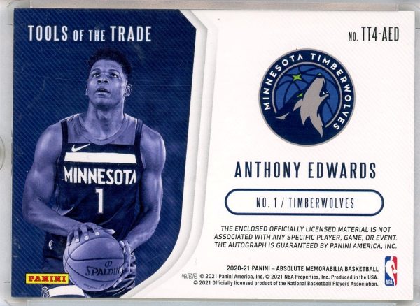 Anthony Edwards Timberwolves 2020-21 Absolute Memorabilia Patch Auto /99 Card #TT4-AED