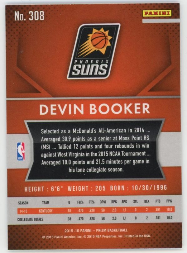2015-16 Devin Booker Suns Panini Prizm Rookie Card #308