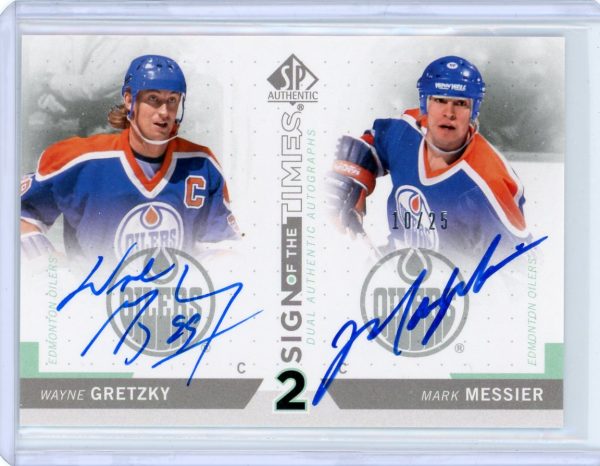 2013-14 Wayne Gretzky Mark Messier Duo UD SP Authentic 10/25 Sign Of The Times Auto Card #SOT2-GM