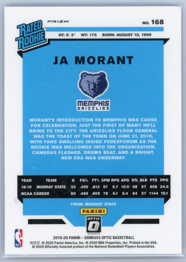 Ja Morant Grizzlies 2019-20 Donruss Optic Blue Velocity Rated Rookie Card #168