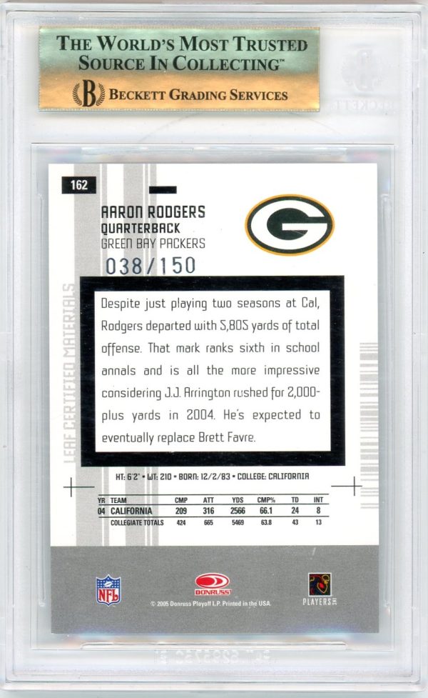 Aaron Rodgers 2005 Leaf Certified Mirror White Rookie Card /150 #162 BGS 9.5