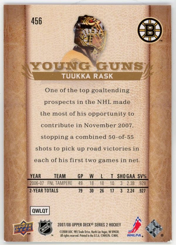Tuukka Rask 2007-08 Upper Deck Series 2 Young Guns #456