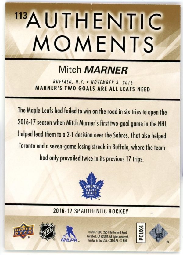 Mitch Marner 2016-17 UD SP Authentic Authentic Moments Gold RC /99 #113